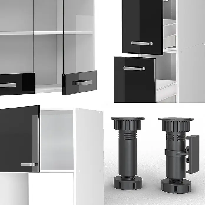 Vicco Küchenzeile R-Line Schwarz Hochglanz/Weiß mit Hochschrank, AP Anthrazit - Breite: 350 cm, Schwarz Hochglanz, Ohne Elektrogeräte - Glänzende schwarze und Glastüren mit Silbergriffen, weiße Regale und verstellbare schwarze Kunststoff-Möbelfüße.