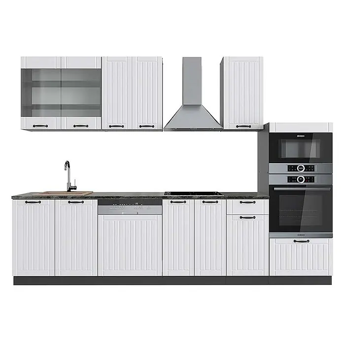 Vicco Küchenzeile Fame-Line Weiß Landhaus/Anthrazit mit Hochschrank, AP Anthrazit - Breite: 300 cm, Weiß Landhaus, Ohne Elektrogeräte - Weiße Küchenzeile mit Paneel-Schränken, dunkler Arbeitsplatte, integrierten Bosch-Geräten, Spüle und Dunstabzugshaube.