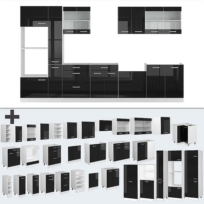 Vicco Küchenzeile R-Line Schwarz Hochglanz/Weiß mit Hochschrank, AP Anthrazit - Breite: 350 cm, Schwarz Hochglanz, Ohne Elektrogeräte - Modulares Küchenschrank-Set in Hochglanz Schwarz-Weiß, mit verschiedenen Konfigurationen.