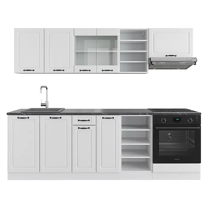 Vicco Küchenzeile R-Line Weiß Landhaus/Weiß, AP Anthrazit - Breite: 240 cm, Weiß Landhaus, Ohne Elektrogeräte - Weiße Küchenzeile mit schwarzer Arbeitsplatte, Spüle, Kochfeld und Backofen. Oberschränke mit Glastüren, Unterschränke mit Schubladen/Regalen.