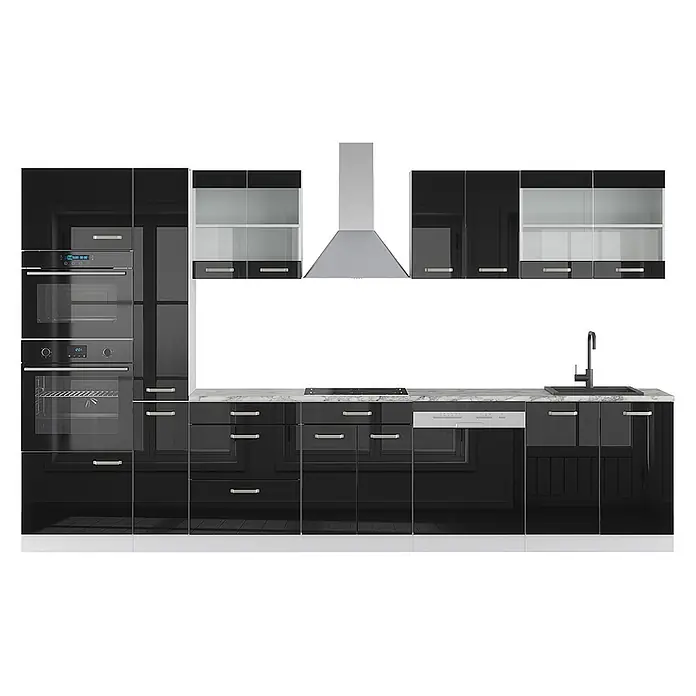 Vicco Küchenzeile R-Line Schwarz Hochglanz/Weiß mit Hochschrank, AP Marmor - Breite: 350 cm, Schwarz Hochglanz, Ohne Elektrogeräte - Moderne schwarze Hochglanzküchenzeile mit integrierten Öfen, Kochfeld, Spüle, Geschirrspüler, Glas-Hängeschränken und Marmorarbeitsplatte.