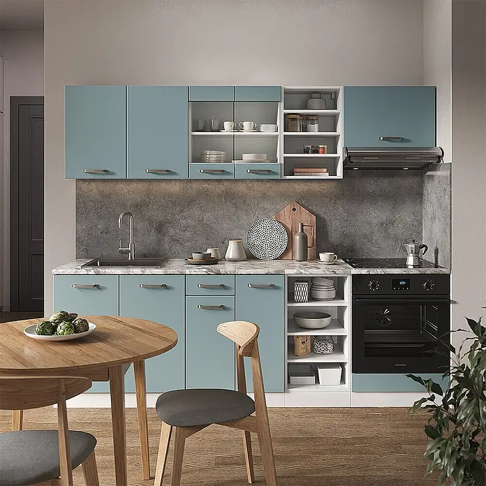 Vicco Küchenzeile R-Line Blau-Grau/Weiß, AP Eiche - Blau-Grau, Ohne Elektrogeräte - Moderne Küche mit tealfarbenen Schränken, marmorierten Arbeitsplatten und integrierten Geräten. Mit offenen Regalen und Essbereich.