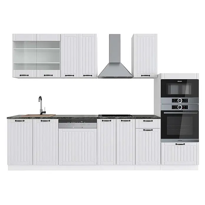 Vicco Küchenzeile Fame-Line Weiß Landhaus/Weiß mit Hochschrank, AP Anthrazit - Breite: 300 cm, Weiß Landhaus, Ohne Elektrogeräte - Weißes Rillenfront-Küchenset mit integriertem Backofen, Mikrowelle, Geschirrspüler, Kochfeld, Dunstabzugshaube und Spüle.