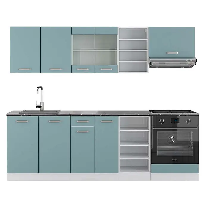 Vicco Küchenzeile R-Line Blau-Grau/Weiß, AP Anthrazit - Breite: 240 cm, Blau-Grau, Ohne Elektrogeräte - Hellblaues Küchenschrank-Set mit dunkler Arbeitsplatte, Spüle, Backofen und Kochfeld, teils mit Glastüren und offenen Regalen.