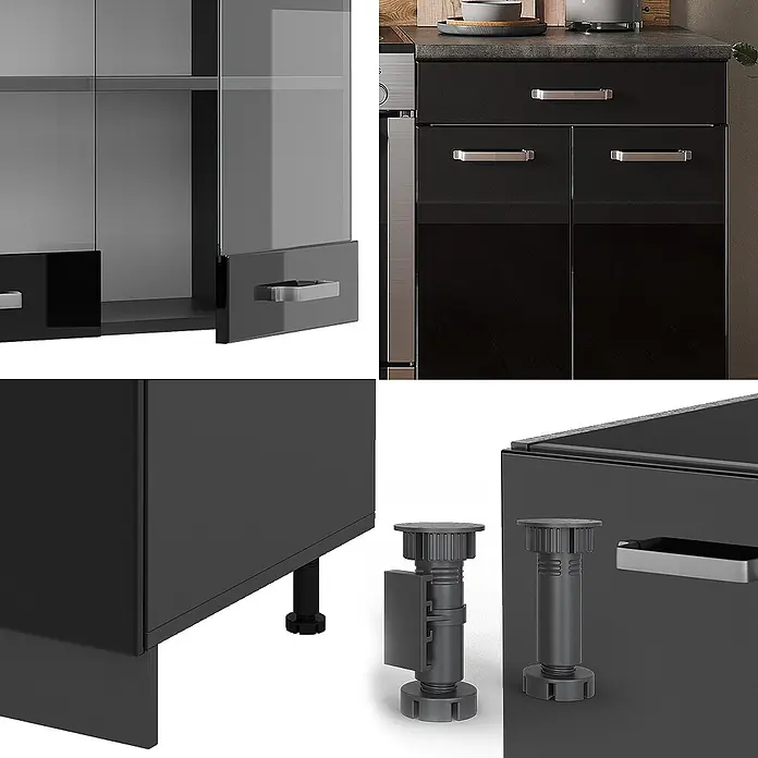 Vicco Küchenzeile R-Line Schwarz Hochglanz/Anthrazit ohne Arbeitsplatte - Breite: 200 cm, Schwarz Hochglanz, Ohne Elektrogeräte - Modulares Küchenschrankset in Dunkelgrau/Schwarz mit Glastüren, Schubladen, silbernen Griffen und verstellbaren Füßen.