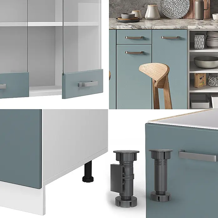 Vicco Küchenzeile R-Line Blau-Grau/Weiß, AP Eiche - Blau-Grau, Ohne Elektrogeräte - Blau-graue und weiße Küchenschränke: Türen mit Glas, Schubladen, offene Regale und verstellbare Kunststofffüße.