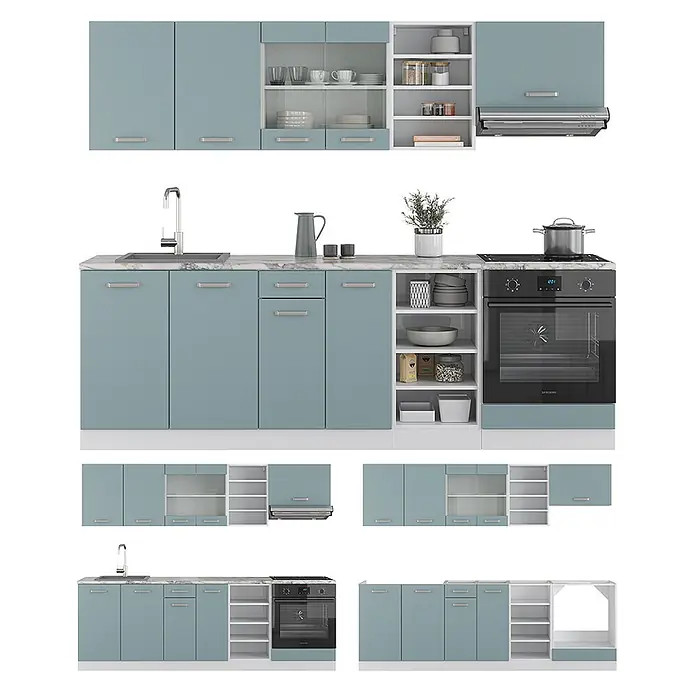 Vicco Küchenzeile R-Line Blau-Grau/Weiß, AP Eiche - Blau-Grau, Ohne Elektrogeräte - Modulare Küchenzeile in Hellblau mit weißen Regalen, Spüle und integriertem Backofen und Kochfeld.
