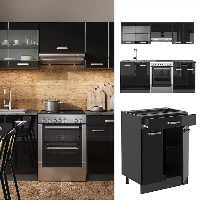 Vicco Küchenzeile R-Line Schwarz Hochglanz/Anthrazit ohne Arbeitsplatte - Breite: 200 cm, Schwarz Hochglanz, Ohne Elektrogeräte - Moderne schwarze Küchenschränke mit Hochglanzoberfläche, Edelstahlofen und Holzdetails für eine elegante Küche.