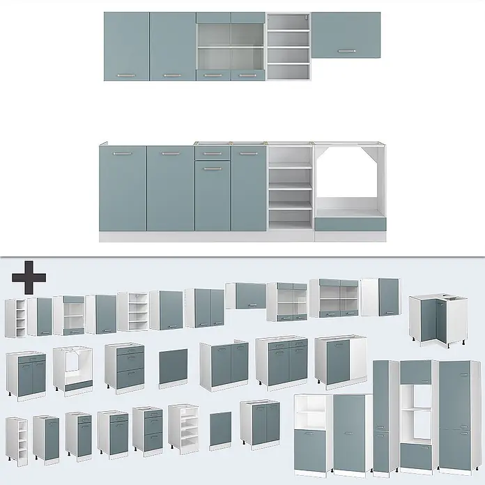 Vicco Küchenzeile R-Line Blau-Grau/Weiß, AP Eiche - Blau-Grau, Ohne Elektrogeräte - Modulare Küchenschränke in Hellblau-Grau und Weiß, mit verschiedenen Unter-, Ober- und Hochschränken mit Türen, Schubladen und offenen Regalen.