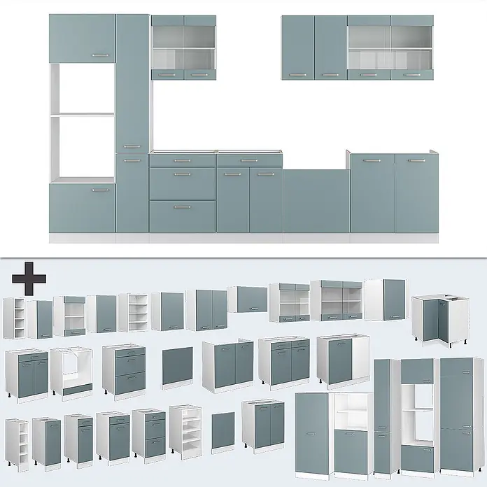 Vicco Küchenzeile R-Line, Blau-Grau/Weiß, 350 cm -  - Modulare blau-graue Küchenschränke mit silbernen Griffen, bestehend aus Unter-, Hänge- und Hochschränken, teils mit Glastüren oder offenen Regalen.