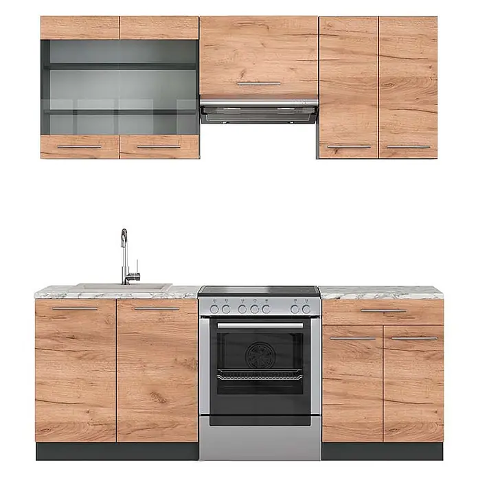 Vicco Küchenzeile Fame-Line Goldkraft Eiche/Anthrazit, AP Marmor - Breite: 200 cm, Goldkraft Eiche, Ohne Elektrogeräte - Moderne Küchenzeile mit hellen Holzoptik-Schränken, Marmor-Arbeitsplatte, integrierter Spüle, Ofen, Kochfeld und Dunstabzugshaube.