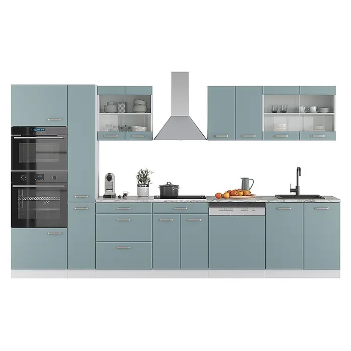 Vicco Küchenzeile R-Line, Blau-Grau/Weiß, 350 cm -  - Moderne Küche mit hellblauen Schränken, Marmorarbeitsplatte und integrierten Geräten wie Öfen und Spülmaschine.