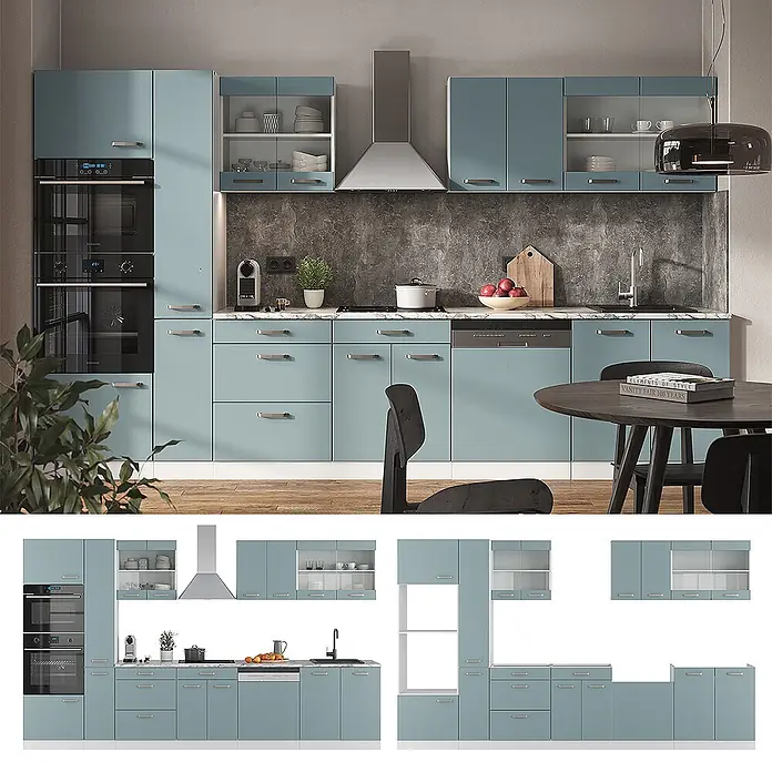 Vicco Küchenzeile R-Line Blau-Grau/Weiß mit Hochschrank, ohne Arbeitsplatte - Breite: 350 cm, Blau-Grau, Ohne Elektrogeräte - Moderne blaugrüne Küchenschränke mit integrierten Geräten wie Backöfen, Kochfeld, Spüle und Geschirrspüler.
