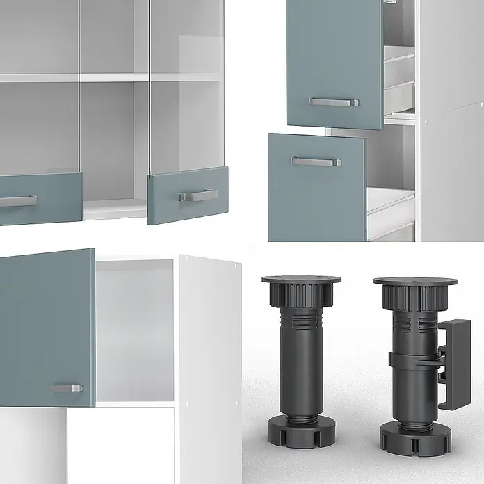 Vicco Küchenzeile R-Line, Blau-Grau/Weiß, 350 cm -  - Modulare Schrankkomponenten: blaue Türen mit silbernen Griffen, weiße Innenräume und schwarze verstellbare Möbelfüße.