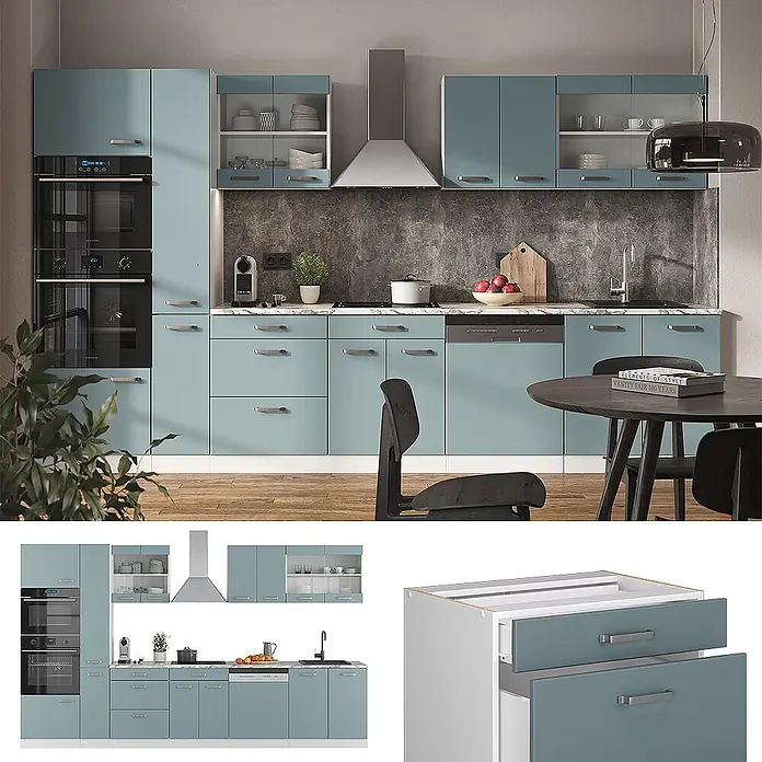 Vicco Küchenzeile R-Line, Blau-Grau/Weiß, 350 cm -  - Moderne tealfarbene Küchenschränke mit integrierten Geräten und Schubladen in zeitgenössischer Küche.