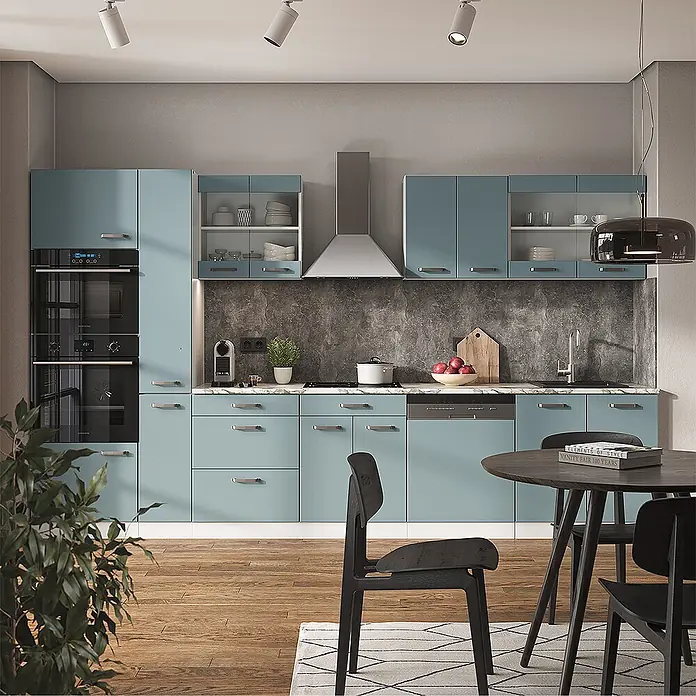 Vicco Küchenzeile R-Line, Blau-Grau/Weiß, 350 cm -  - Moderne Küche mit matten blaugrünen Schränken, integrierten Geräten und dunkler grauer Rückwand.