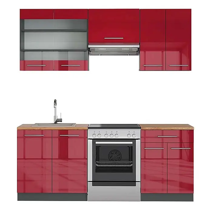 Vicco Küchenzeile Fame-Line Bordeaux Hochglanz/Anthrazit, AP Eiche - Breite: 200 cm, Bordeaux Hochglanz, Ohne Elektrogeräte - Glänzende rote modulare Küchenzeile mit Ofen, Spüle und Hängeschränken.