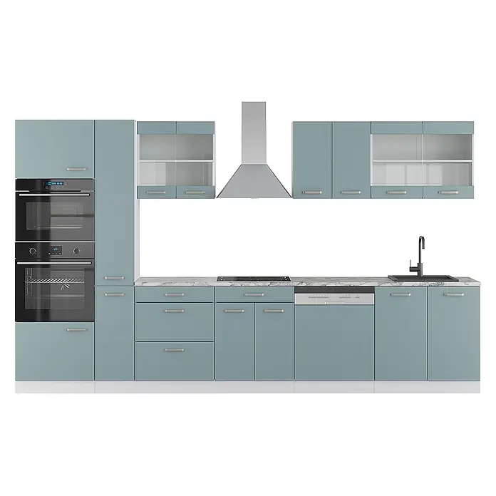 Vicco Küchenzeile R-Line Blau-Grau/Weiß mit Hochschrank, AP Marmor - Breite: 350 cm, Blau-Grau, Ohne Elektrogeräte - Moderne hellblau-grüne Küche mit Einbaugeräten, Arbeitsplatte in Marmoroptik, Spüle und Dunstabzugshaube.