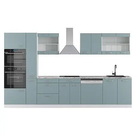 Vicco  Küchenzeile R-Line Blau-Grau/Weiß mit Hochschrank, AP Marmor