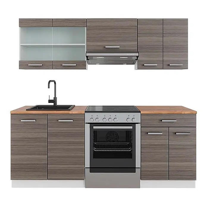 Vicco Küchenzeile R-Line Edelgrau/Weiß, AP Eiche - Breite: 200 cm, Edelgrau, Ohne Elektrogeräte - Komplette graue Küche in Holzoptik mit hellen Arbeitsplatten, schwarzem Spülbecken und Edelstahl-Backofen/Kochfeld.