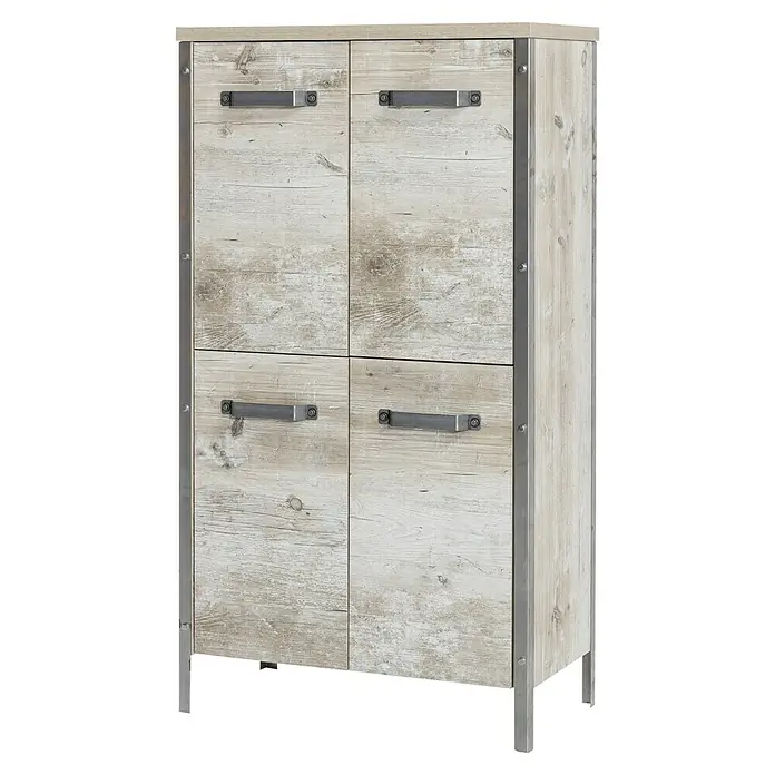 Schildmeyer Harkon Highboard - 64 x 34 x 119 cm, Findus - Ein viertüriger Schuhschrank aus hellem Holz mit Metallgriffen und -einfassungen für einen rustikalen Look.