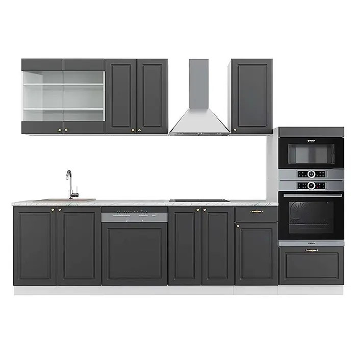 Vicco Küchenzeile Fame-Line Anthrazit-Gold/Weiß mit Hochschrank, AP Marmor - Breite: 300 cm, Anthrazit-Gold, Ohne Elektrogeräte - Dunkelgraue Küchenschränke, weiße Marmorarbeitsplatte, Edelstahlgeräte (Ofen, Mikrowelle, Spülmaschine, Dunstabzugshaube, Kochfeld), Spüle.