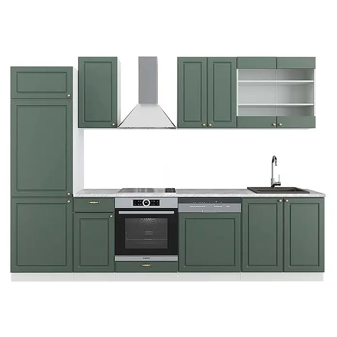 Vicco Küchenzeile Fame-Line, Grün-Gold Landhaus/Weiß, 300 cm -  - Komplette dunkelgrüne Küche mit goldenen Griffen, Marmor-Arbeitsplatte und integrierten Edelstahlgeräten (Ofen, Spülmaschine, Dunstabzug).