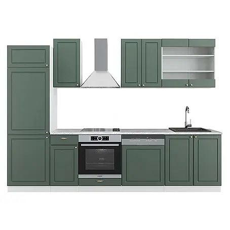 Vicco Küchenzeile Fame-Line, Grün-Gold Landhaus/Weiß, 300 cm