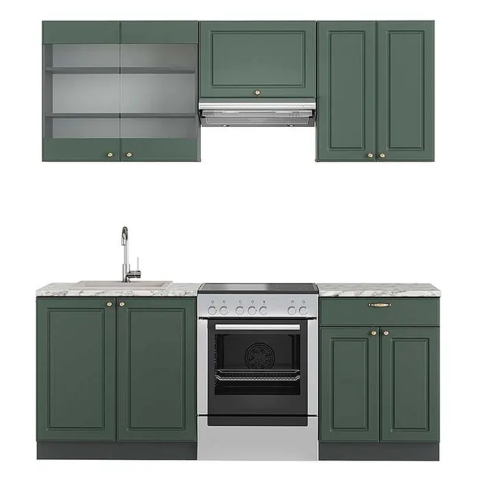 Küchenzeile Fame-Line 200 cm Grün-Gold Landhaus Art.-Nr. 42336 -  - Dunkelgrüne Küchenzeile mit Schranktüren im Shaker-Stil, Glastüren, Arbeitsplatte in Marmoroptik, Spüle, Herd und Dunstabzugshaube.