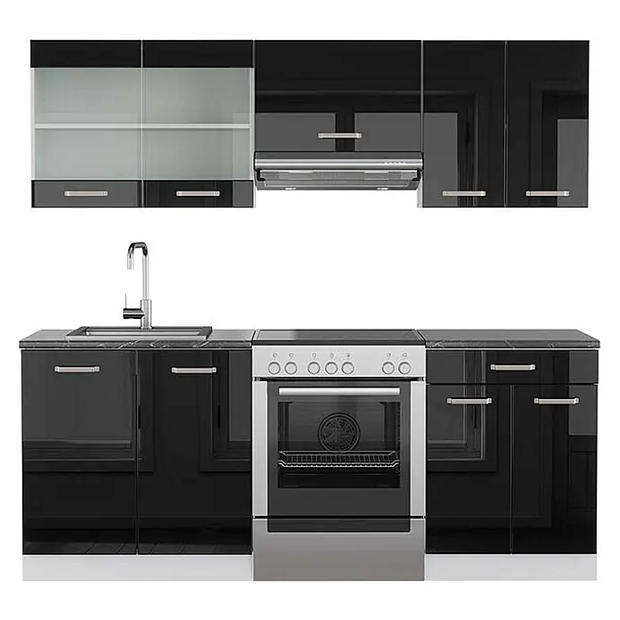 Vicco Küchenzeile R-Line Schwarz Hochglanz/Weiß, AP Anthrazit - Schwarz Hochglanz, Ohne Elektrogeräte - Schwarze Hochglanz-Küchenzeile mit Spüle, Armatur und Edelstahl-Herd/Backofen, inklusive Ober- und Unterschränken.