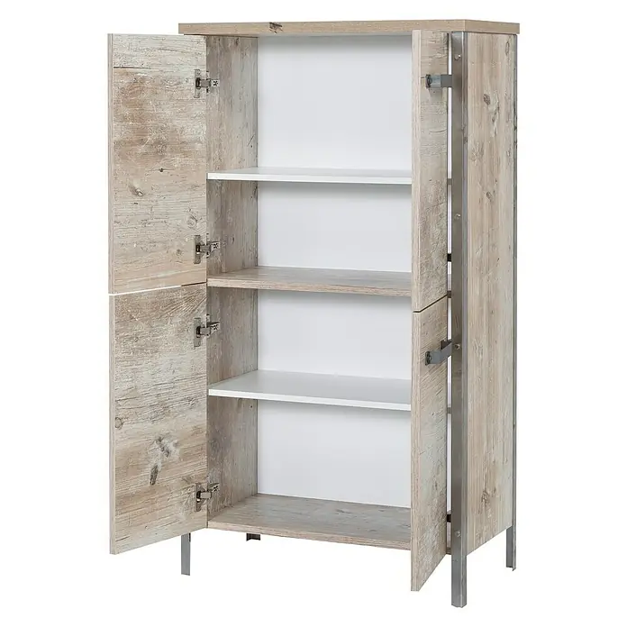 Schildmeyer Harkon Highboard - 64 x 34 x 119 cm, Findus - Ein offener Holzschrank mit weißen Regalen. Der Schrank hat zwei Türen mit silbernen Beschlägen und Metallbeinen.