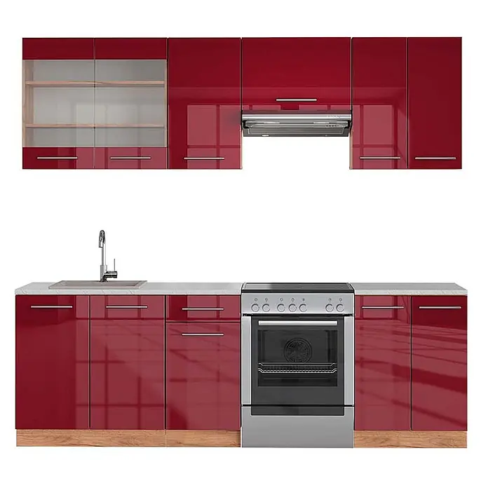 Vicco Küchenzeile Fame-Line Bordeaux Hochglanz/Goldkraft Eiche, AP Marmor - Bordeaux Hochglanz, Ohne Elektrogeräte - Hochglänzende rote Küchenzeile mit Ober- (teils Glastüren) und Unterschränken, Spüle, Backofen und Dunstabzugshaube.