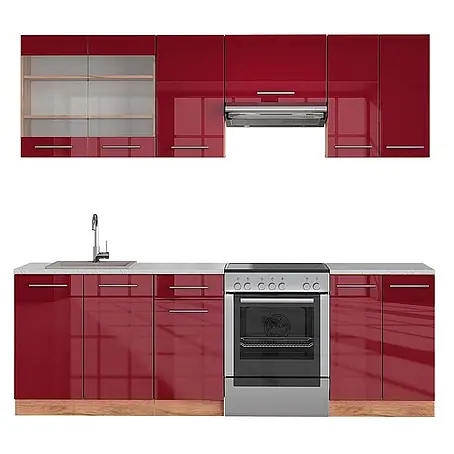 Vicco  Küchenzeile Fame-Line Bordeaux Hochglanz/Goldkraft Eiche, AP Marmor