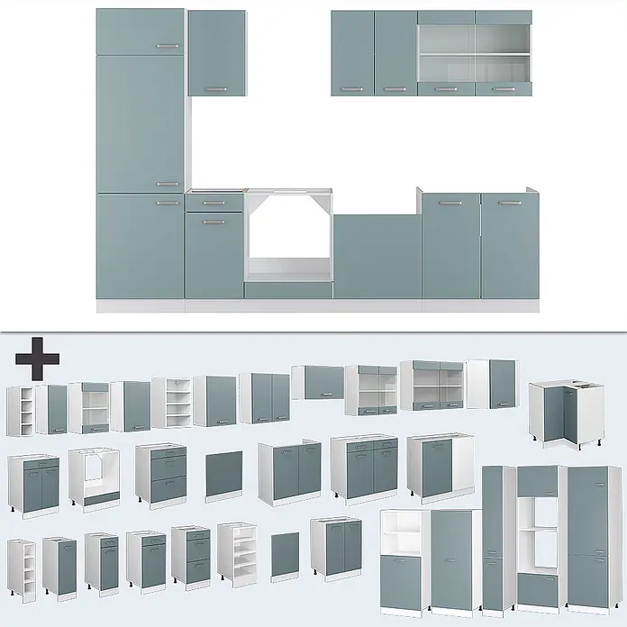 Vicco Küchenzeile R-Line Blau-Grau/Weiß, AP Anthrazit - Breite: 300 cm, Blau-Grau, Ohne Elektrogeräte - Modulare Küchenschränke in Blau-Grau und Weiß, montiert und als Einzelteile dargestellt.
