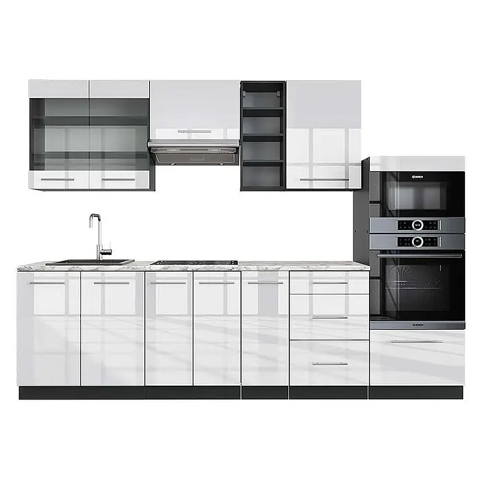 Vicco Küchenzeile Fame-Line Weiß Hochglanz/Anthrazit, AP Marmor - Breite: 280 cm, Weiß Hochglanz, Ohne Elektrogeräte - Moderne weiße Hochglanzküche mit Spüle, Kochfeld, Ofen, Mikrowelle und Dunstabzugshaube, graue Arbeitsplatte in Marmoroptik.