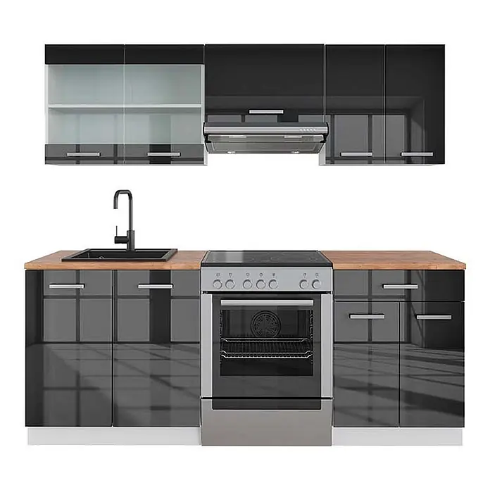 Vicco Küchenzeile R-Line Anthrazit Hochglanz/Weiß, AP Eiche - Breite: 200 cm, Anthrazit Hochglanz, Ohne Elektrogeräte - Schwarze Hochglanzküchenzeile mit heller Holz-Arbeitsplatte, schwarzem Spülbecken und freistehendem Silberherd.