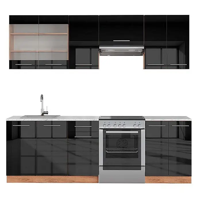 Vicco Küchenzeile Fame-Line Anthrazit Hochglanz/Goldkraft Eiche, AP Marmor - Anthrazit Hochglanz, Ohne Elektrogeräte - Moderne schwarze Hochglanzküche mit Spüle, Herd, Dunstabzugshaube, Holzdetails und Oberschränken mit Glasfronten.