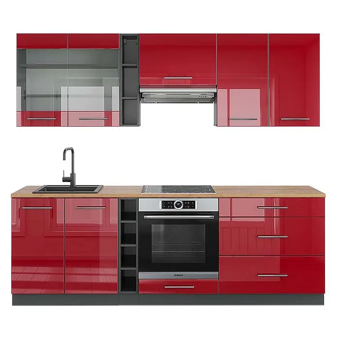 Vicco Küchenzeile Fame-Line Bordeaux Hochglanz/Anthrazit, AP Eiche - Breite: 235 cm, Bordeaux Hochglanz, Ohne Elektrogeräte - Hochglanzrote Küchenschränke mit Holz-Arbeitsplatte, Spüle, integriertem Backofen und Induktionskochfeld.