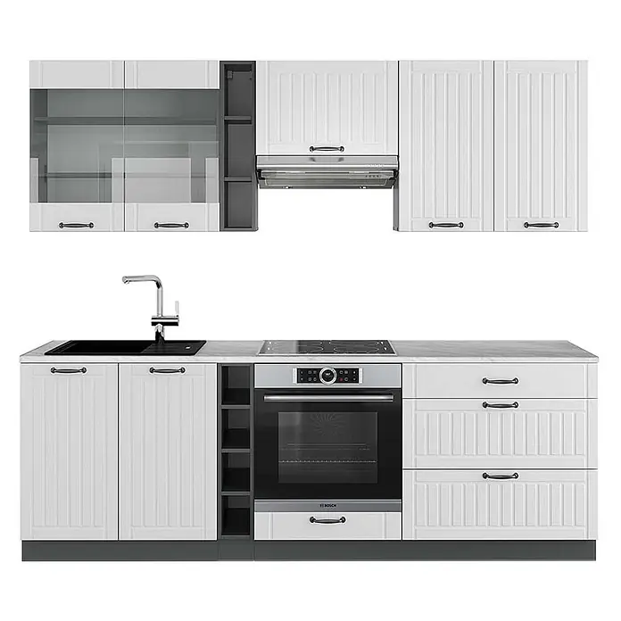 Vicco Küchenzeile Fame-Line Weiß Landhaus/Anthrazit, AP Marmor - Breite: 235 cm, Weiß Landhaus, Ohne Elektrogeräte - Weiße Küchenzeile mit gerippten Schranktüren, oberen Glasvitrinen, Spüle, Einbaubackofen und Kochfeld, dunklen Griffen und Arbeitsplatte.