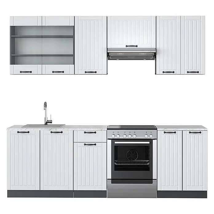 Vicco Küchenzeile Fame-Line Weiß Landhaus/Anthrazit, AP Marmor - Weiß Landhaus, Ohne Elektrogeräte - Weiße Küchenschrank-Garnitur mit schwarzen Griffen, bestehend aus Ober- und Unterschränken, Spüle und Ofen.