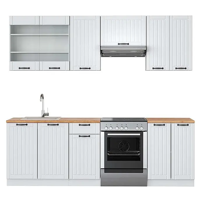 Vicco Küchenzeile Fame-Line Weiß Landhaus/Weiß, AP Eiche - Weiß Landhaus, Ohne Elektrogeräte - Weiße modulare Küche mit Holz-Arbeitsplatten, schwarzen Griffen, Spüle, Herd und Dunstabzugshaube.