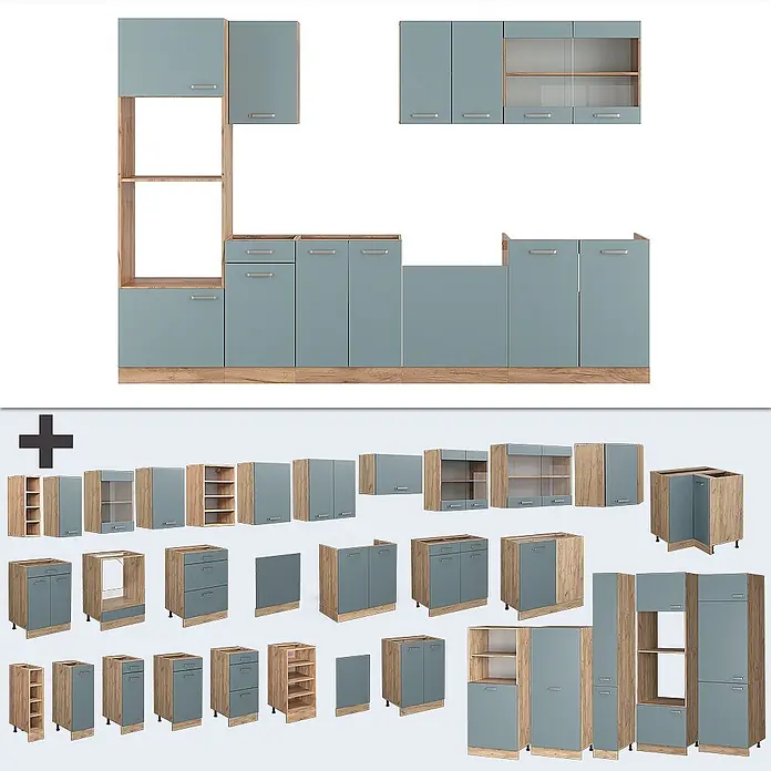 Vicco Küchenzeile R-Line Blau-Grau/Goldkraft Eiche mit Hochschrank, ohne Arbeitsplatte - Blau-Grau, Ohne Elektrogeräte - Modulares Küchenschrank-Set mit hellblauen Fronten und hellen Holzakzenten.
