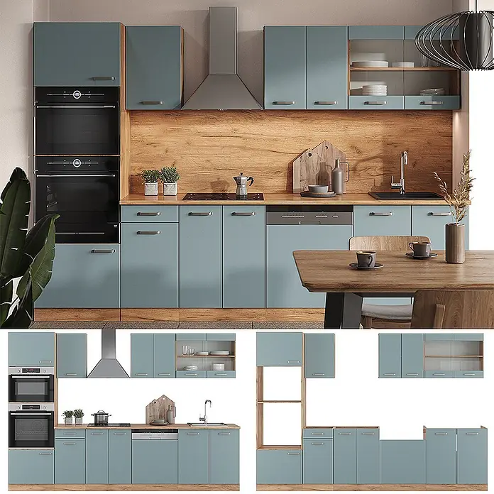 Vicco Küchenzeile R-Line Blau-Grau/Goldkraft Eiche mit Hochschrank, ohne Arbeitsplatte - Blau-Grau, Ohne Elektrogeräte - Moderne Küche mit hellblauen Schränken, Holz-Arbeitsplatten und integrierten Geräten wie Öfen, Kochfeld und Geschirrspüler. Inklusive Oberschränke und Essbereich.