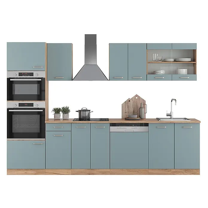 Vicco Küchenzeile R-Line Blau-Grau/Goldkraft Eiche mit Hochschrank, ohne Arbeitsplatte - Blau-Grau, Ohne Elektrogeräte - Moderne hellblaue Küchenzeile mit Holz-Arbeitsplatte, zwei integrierten Backöfen, Kochfeld, Spüle, Geschirrspüler und Dunstabzugshaube. Mit Glasvitrine.