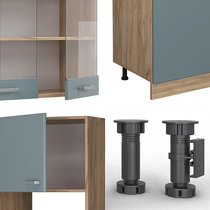 Vicco Küchenzeile R-Line Blau-Grau/Goldkraft Eiche mit Hochschrank, ohne Arbeitsplatte - Blau-Grau, Ohne Elektrogeräte - Modulare Möbelteile: Schränke in Holz und Blau, ein Unterschrank mit schwarzem Bein und zwei verstellbare dunkelgraue Füße.