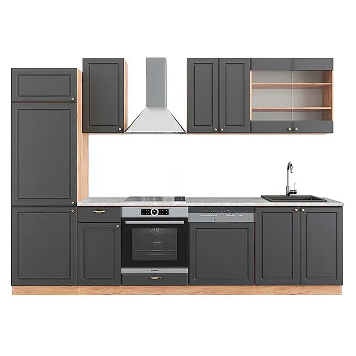 Vicco Küchenzeile Fame-Line Anthrazit Landhaus/Goldkraft Eiche, AP Marmor - Breite: 300 cm, Anthrazit Landhaus, Ohne Elektrogeräte - Dunkelgraues modulares Küchenschrank-Set mit Holzdetails, weißer Arbeitsplatte und integrierten Geräten: Backofen, Kochfeld, Geschirrspüler, Spüle, Dunstabzugshaube.
