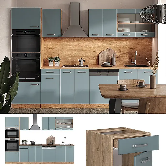 Vicco Küchenzeile R-Line Blau-Grau/Goldkraft Eiche mit Hochschrank, ohne Arbeitsplatte - Blau-Grau, Ohne Elektrogeräte - Moderne Küchenzeile mit blaugrauen Fronten, Holz-Arbeitsplatte & Rückwand, integrierten Geräten.