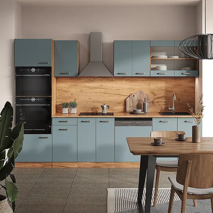 Vicco Küchenzeile R-Line Blau-Grau/Goldkraft Eiche mit Hochschrank, ohne Arbeitsplatte - Blau-Grau, Ohne Elektrogeräte - Moderne Küche mit blau-grauen Schränken, Holzelementen und integrierten Geräten.