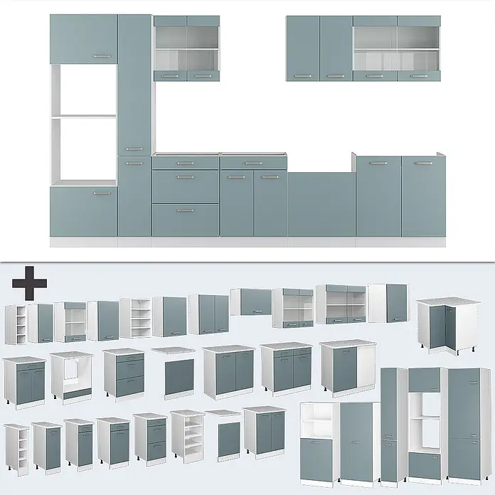 Vicco Küchenzeile R-Line Blau-Grau/Weiß mit Hochschrank, AP Marmor - Breite: 350 cm, Blau-Grau, Ohne Elektrogeräte - Modulare Küchenschränke in Hellblau-Grau mit weißen Rahmen und silbernen Griffen, verschiedene Aufbewahrungseinheiten und Glastüren.