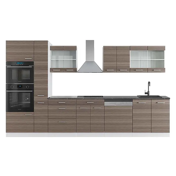 Vicco Küchenzeile R-Line Edelgrau/Weiß mit Hochschrank, AP Anthrazit - Breite: 350 cm, Edelgrau, Ohne Elektrogeräte - Moderne Küche mit braunen Holzmaserungsschränken, dunklen Arbeitsplatten, integrierten Öfen, Kochfeld, Spüle, Geschirrspüler und Dunstabzug.